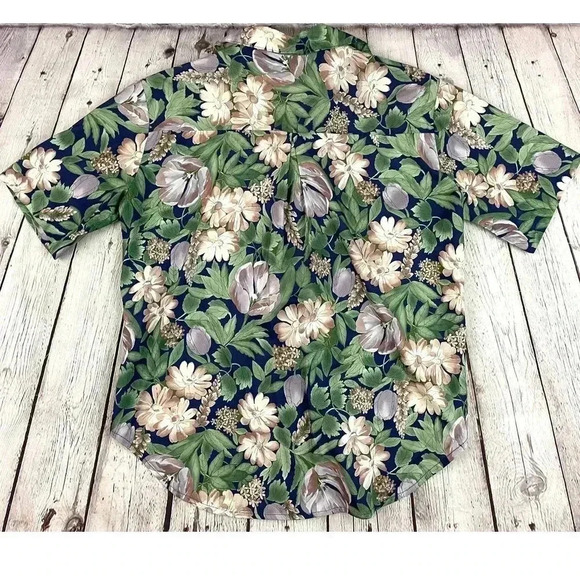VTG Floral Button Up Blouse Top SMALL Short Sleeve Lighthouse Point Green Pink - Picture 2 of 12